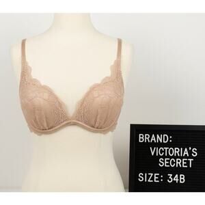Victoria's Secret Plunge Nude Push Up Bra 34B 34 B Pink Beige Tan Sexy VS EUC